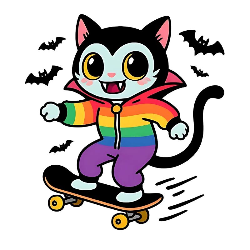 Rainbow Vampire Cat Skateboarding