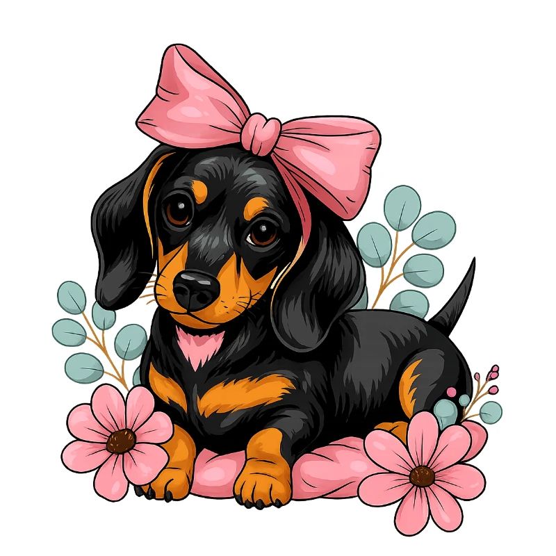 Teckel avec ruban rose et fleurs