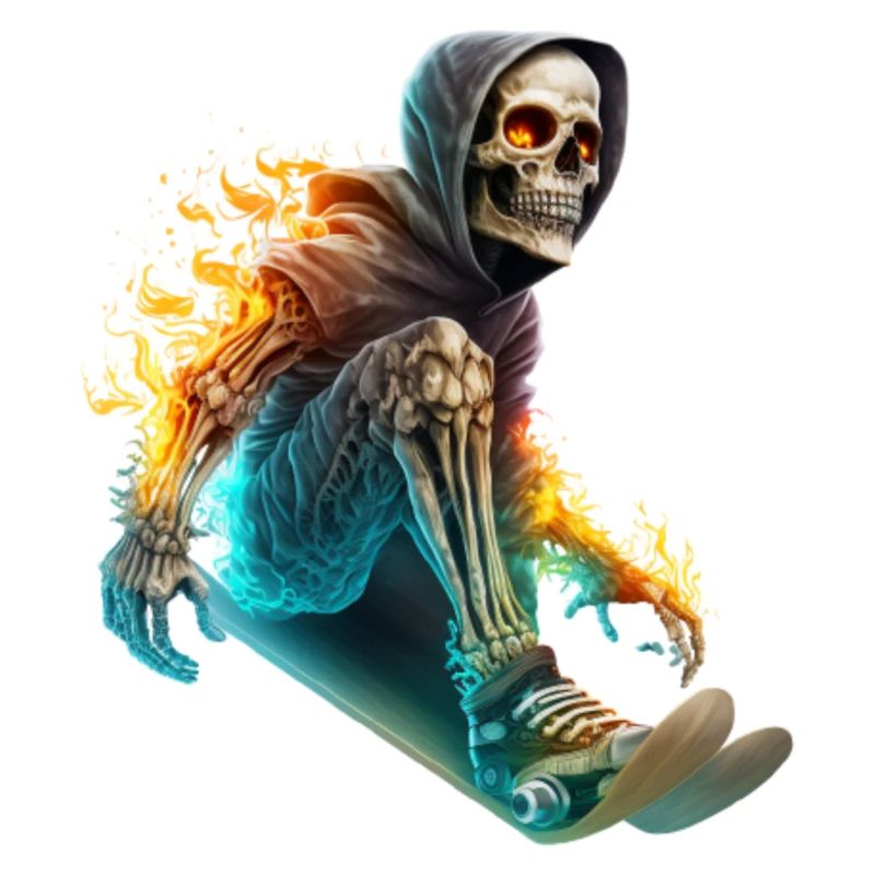 A burning skeleton riding a skateboard