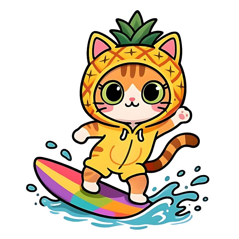 Surfer cat in pineapple costume