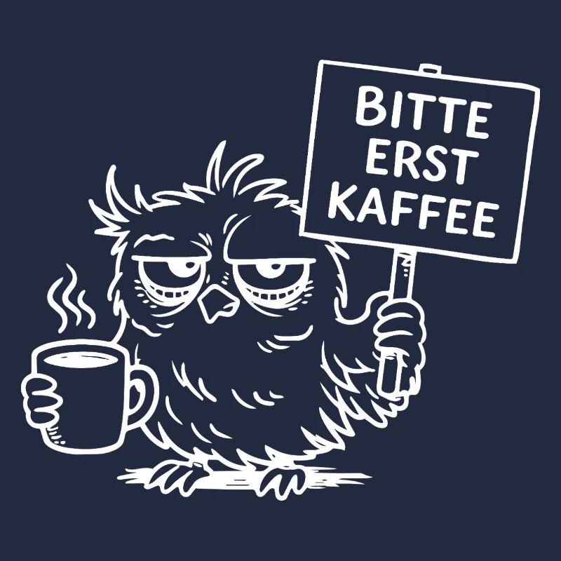 Bitte erst Kaffee – Müde Eule mit Kaffeetasse