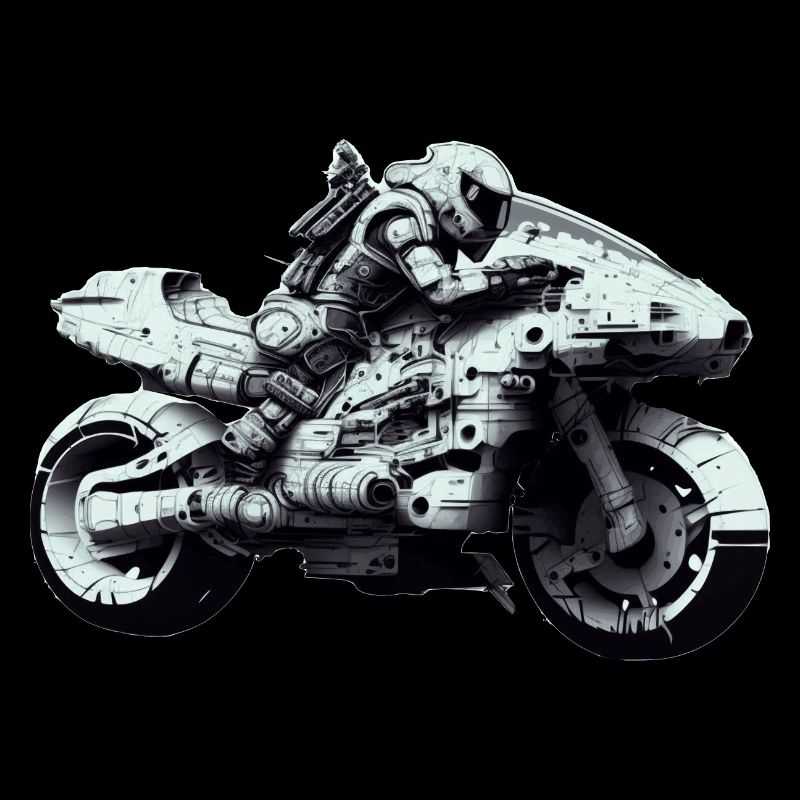 Futuristic sci-fi motorcyclist with bike