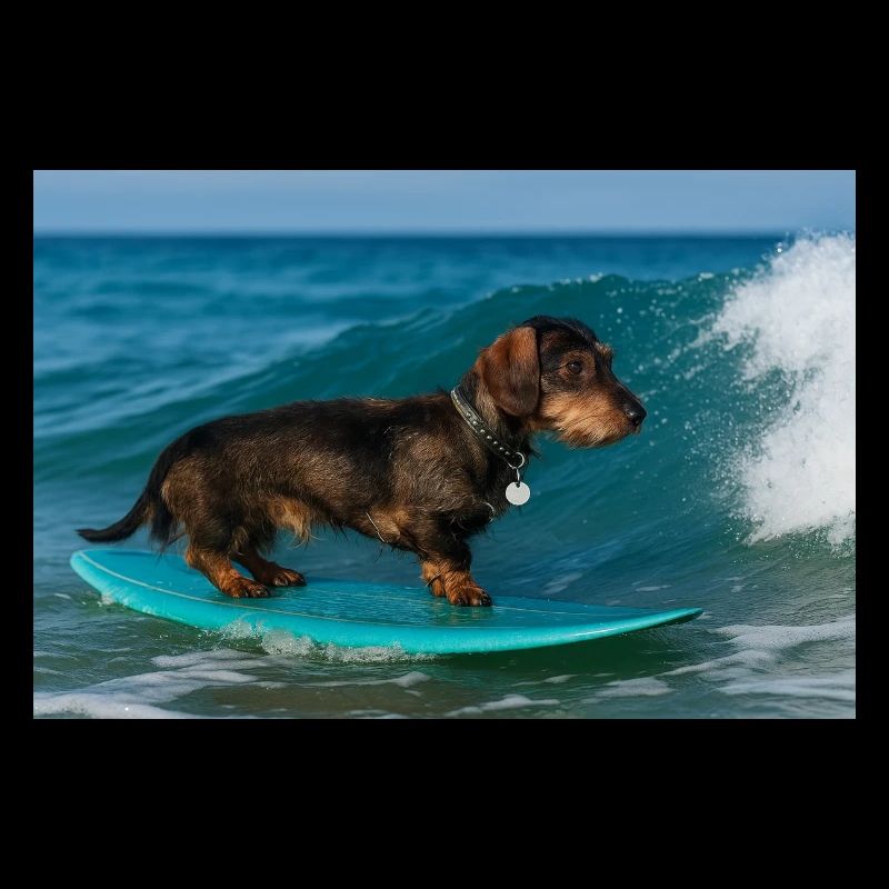 Wire-haired dachshund on the wave – surfing adventure on the