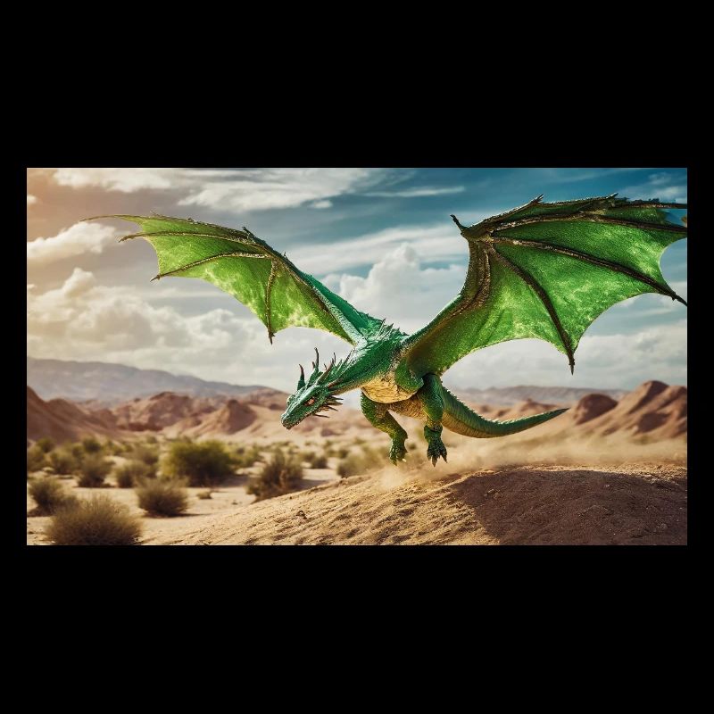 A realistic majestical green dragon is flying
