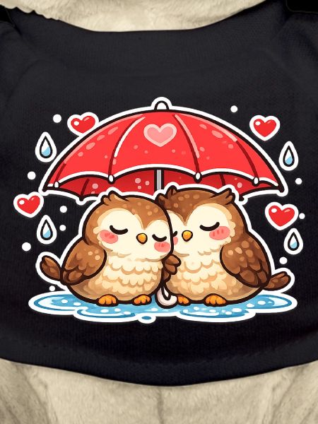 Cuddly owls under red umbrella