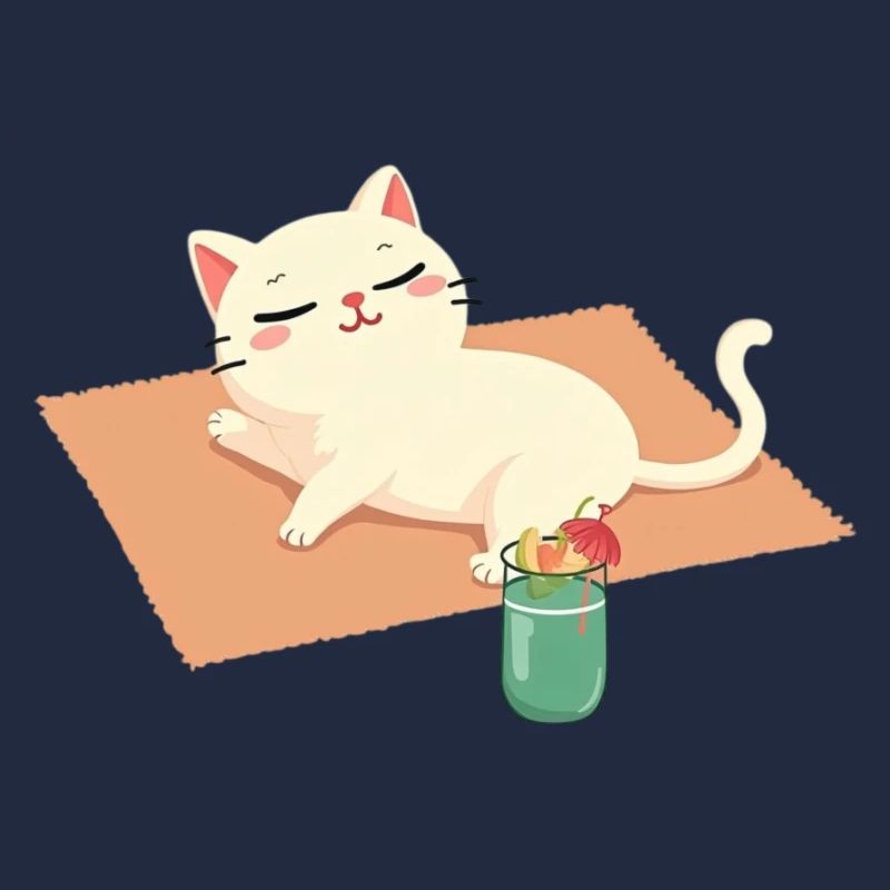 Chat de dessin animé se relaxant sur la plage sur une couverture et une boisson