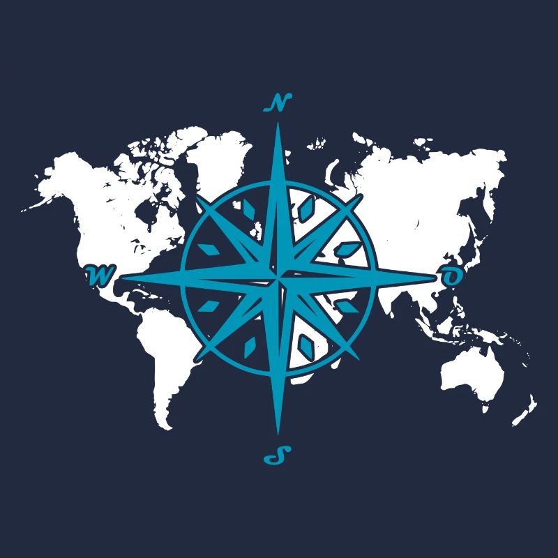 Windrose oder Kompassrose mit weißer Weltkarte