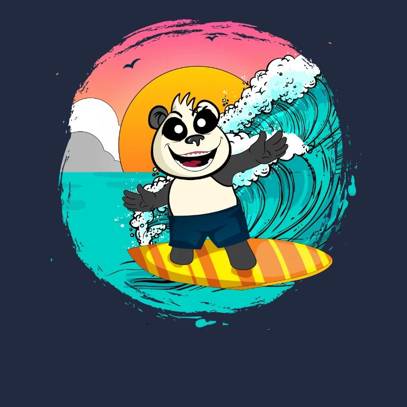 Panda Riding A Surfboard Catching Waves
