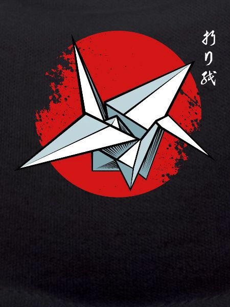 Origami crane over red circle