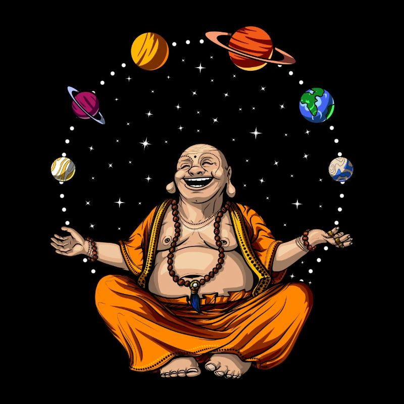 Bouddha jonglant avec les planètes spatiales