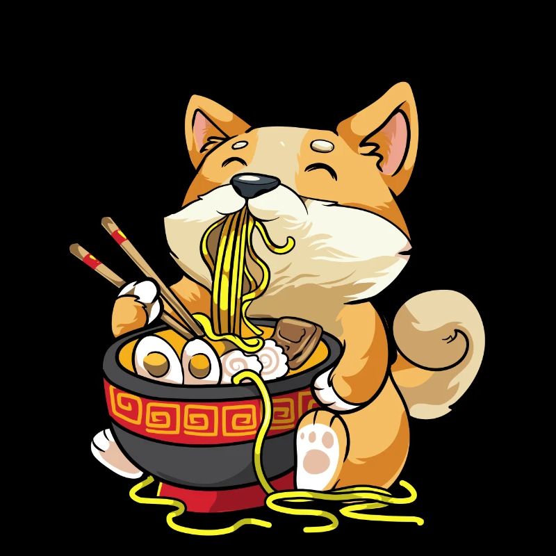 Corgi Hund isst Schüssel Ramen Pho Nudeln Suppe