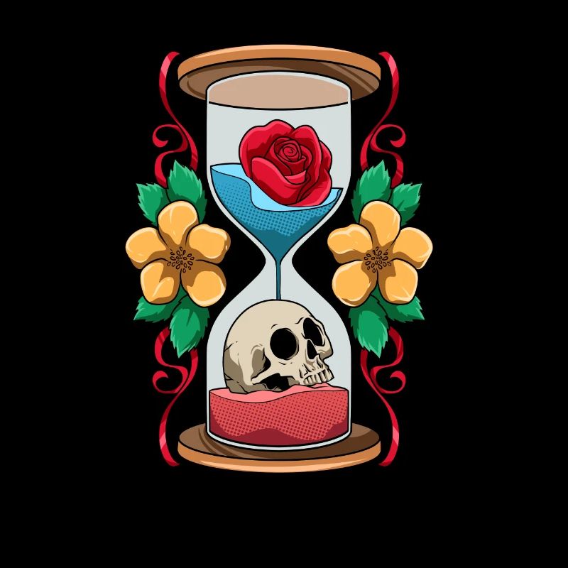 Hourglass with skull and rose time