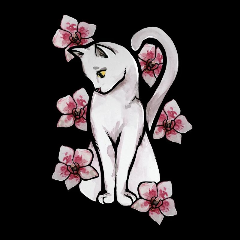 Orchidées Roses Chat Blanc