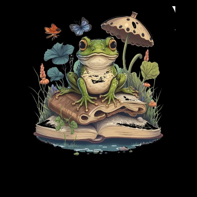 White Cottagecore Aesthetic Mushroom Frog Reading
