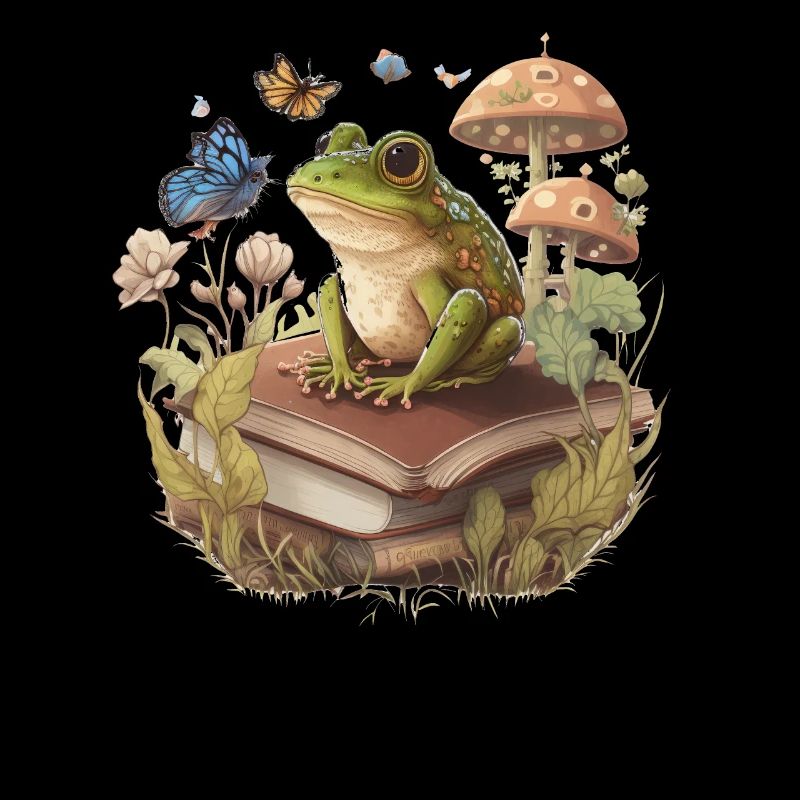White Cottagecore Aesthetic Mushroom Frog Reading