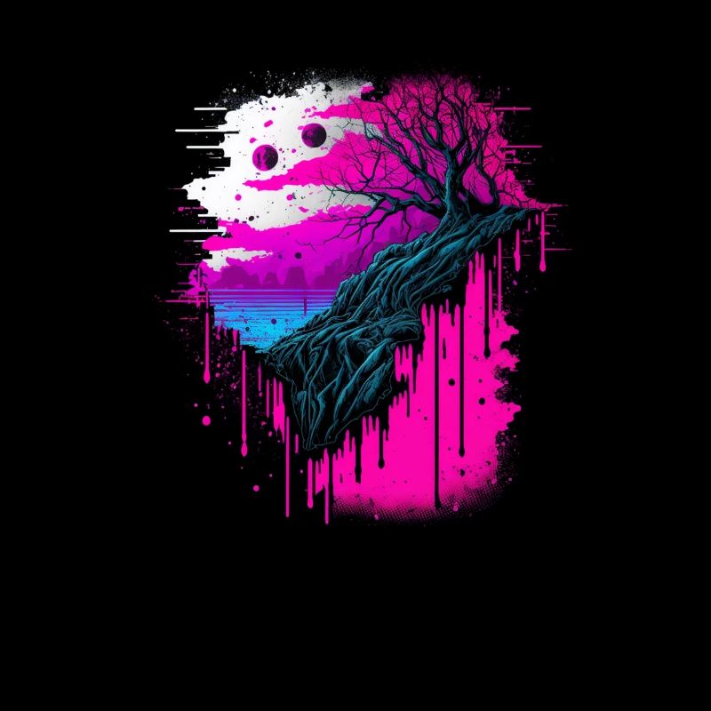 Vaporwave Abstrakte Landschaft Mond Baum