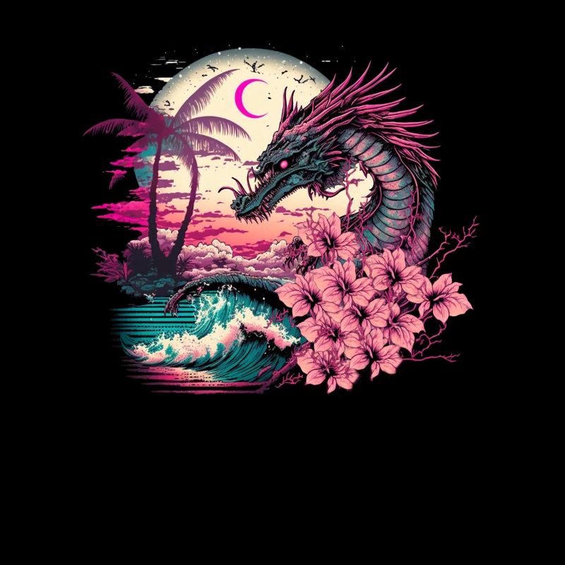 Dragon Vaporwave Abstract Landscape Moon Tree