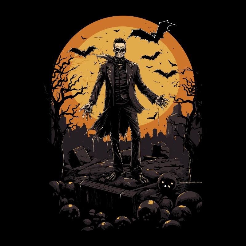 Scary skeleton zombie in cemetery