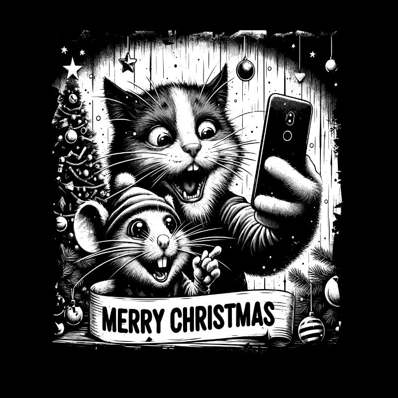 Cat & Mouse Selfie Merry Christmas Funny