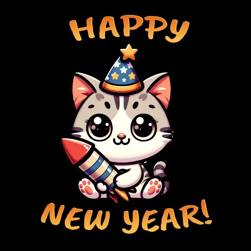 Neujahr Sylvester Katze Rakete Süß Comic Happy New