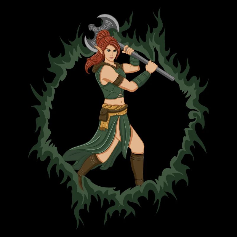 Weibliche Elfenkriegerin mit einer eisernen Axt