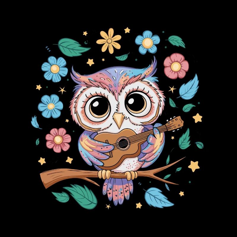 Niedliche Eule Vogel Federn Blumen Gitarre
