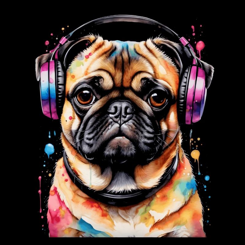 Mops Kopfhörer Hund Bunt Lustig Tier Design Print