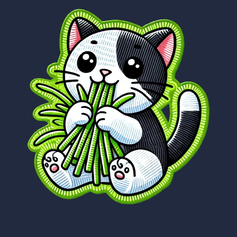 Mignon chat noir et blanc mangeant de l’herbe verte
