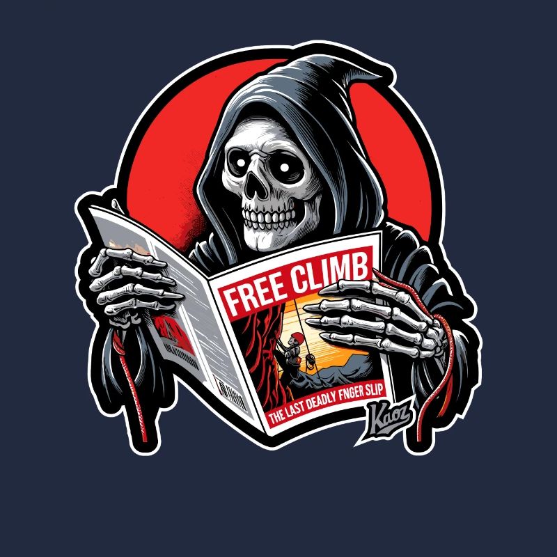 Grim Reaper reads booklet about climbing