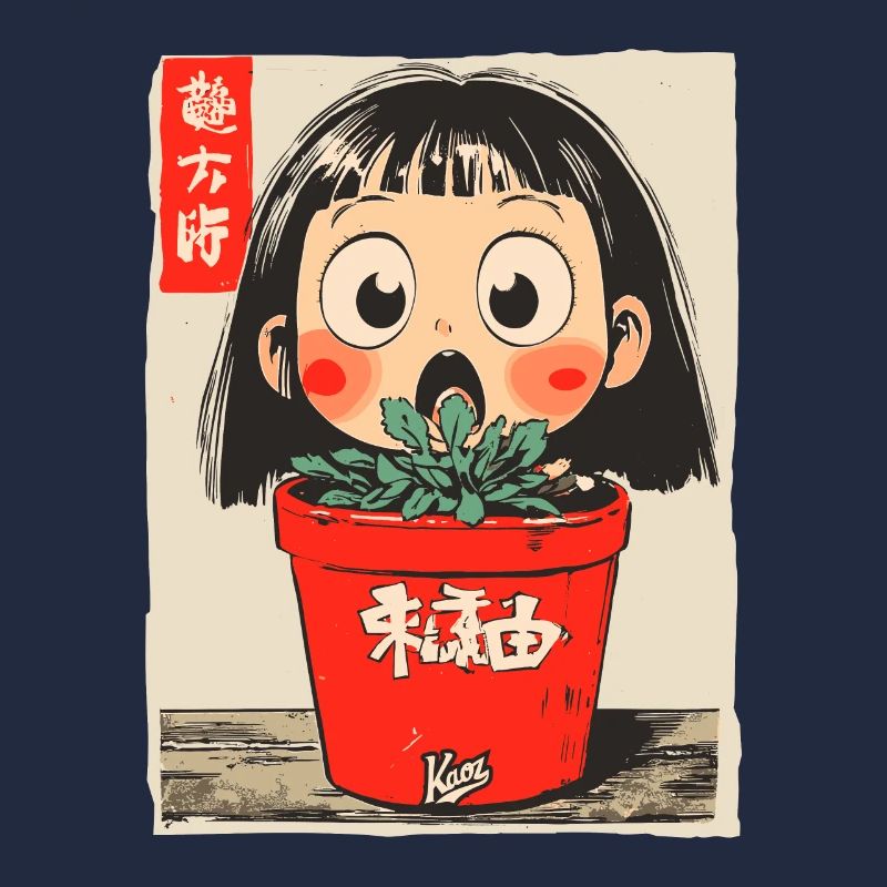 fille de dessin animé derrière un pot de fleurs