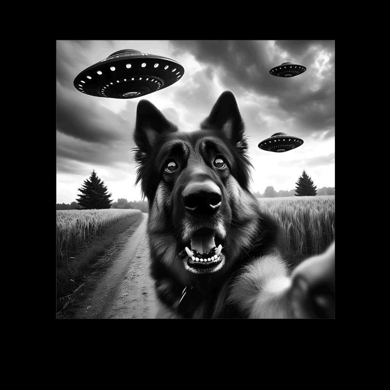 German Shepherd Funny GSP Selfie with UFOs Weird A