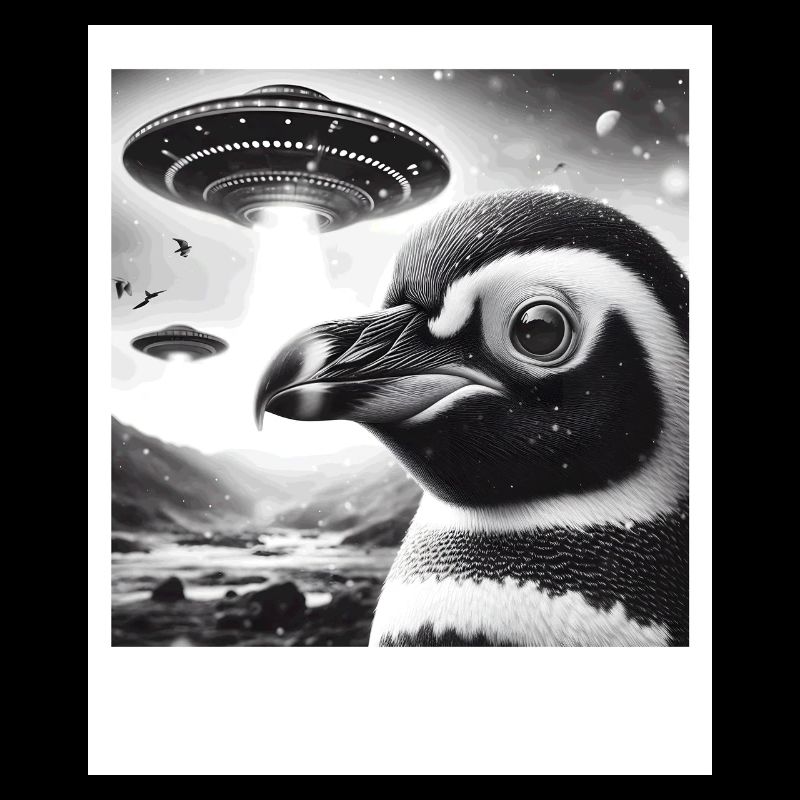 Pinguin Sci-Fi Lustiges Grafik-Selfie mit UFOs Wehr