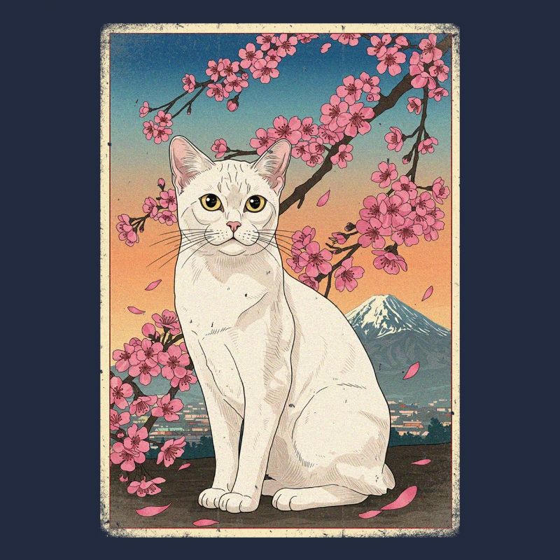 Chat blanc Mont Fuji Fleur de cerisier