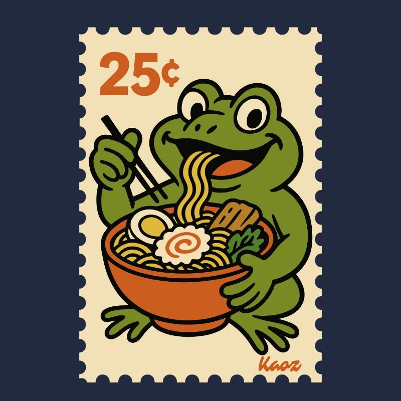 Grenouille heureuse avec des ramen sur timbre-poste
