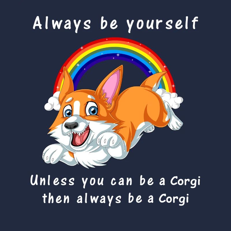 Verspielter Corgi mit Regenbogen und Zitat