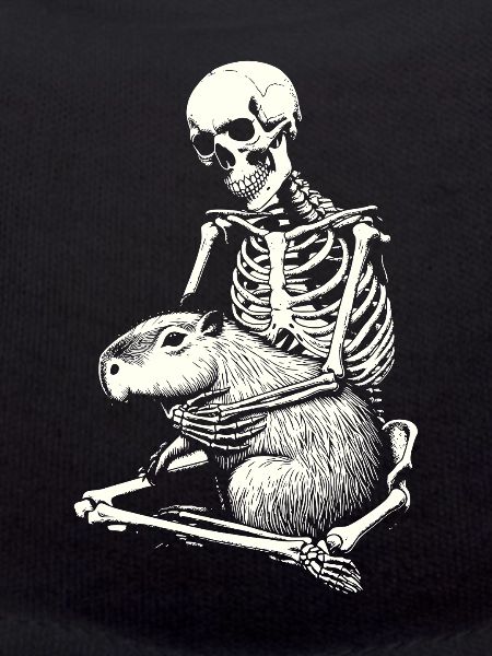 Skeleton hugging capybara