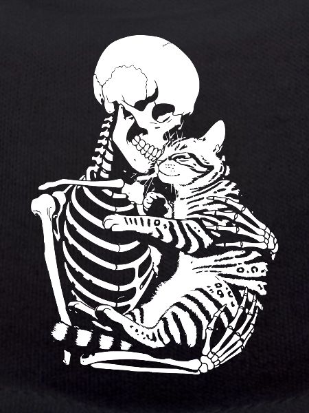 Skeleton hugging cat