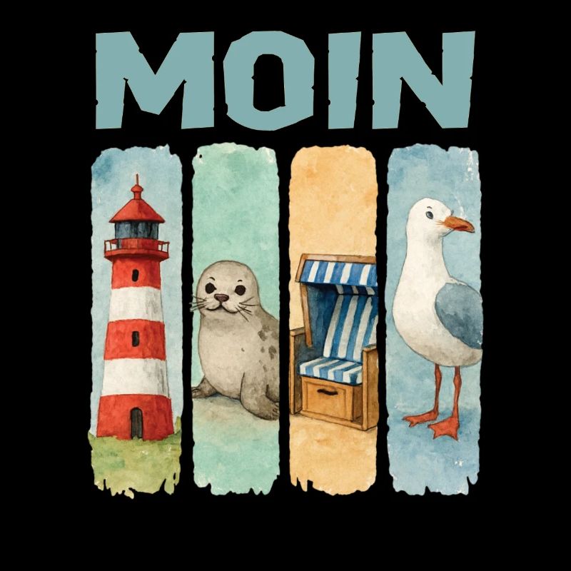 Moin Leuchtturm Robbe Strandkorb Möwe Küste