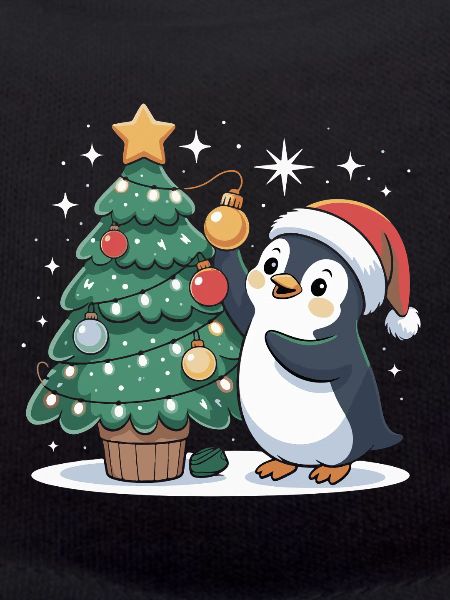 Pinguin schmückt Weihnachtsbaum