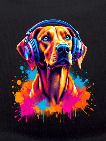 Viszla with headphones
