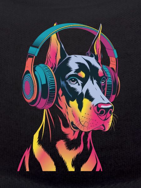 Dobermann mit Kopfhörern