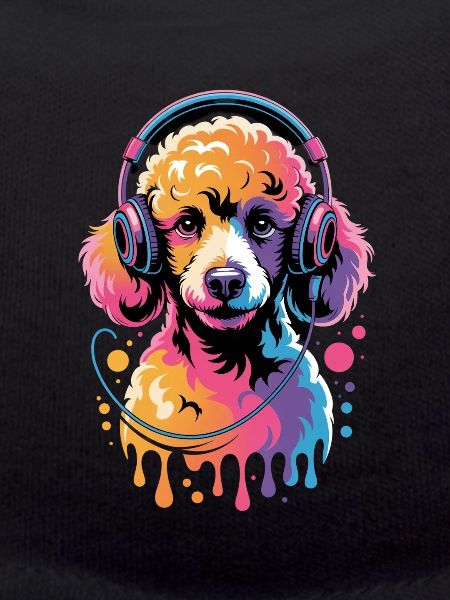 Poodle with headphones