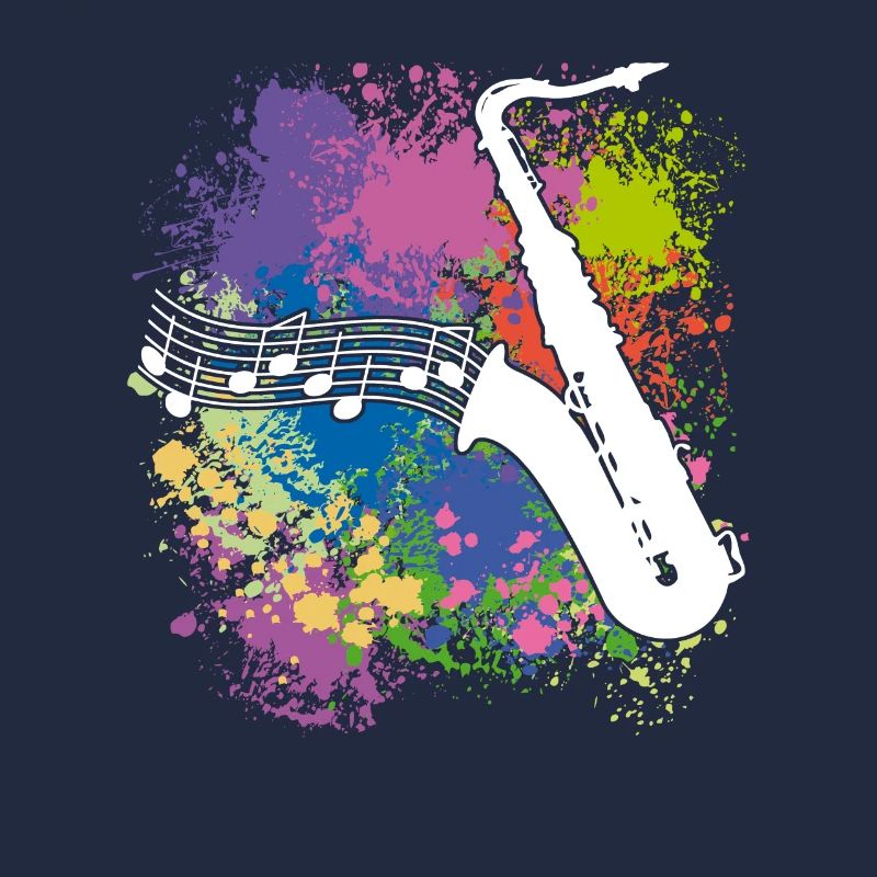 Silhouette de saxophone et notes de musique sur des taches de couleur
