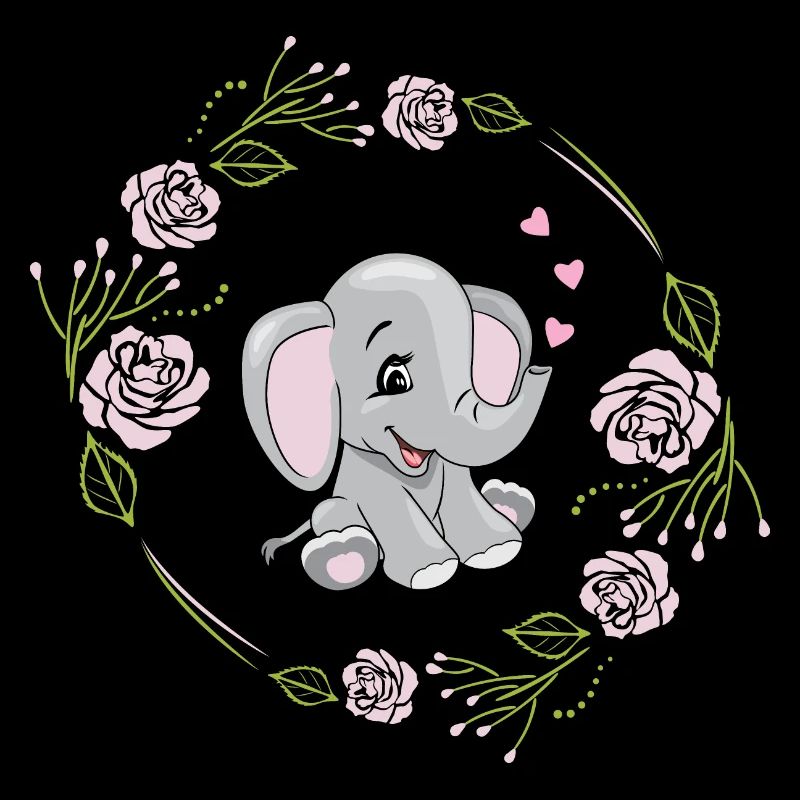 Smiling elephant with hearts in a floral frame