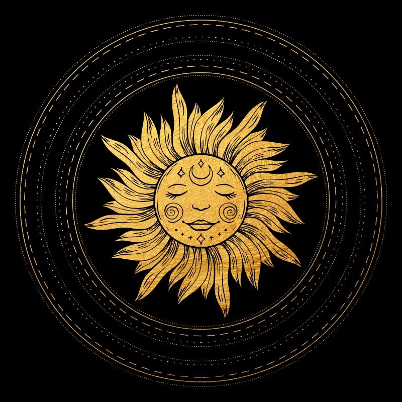 Sun face with golden rays, mystical