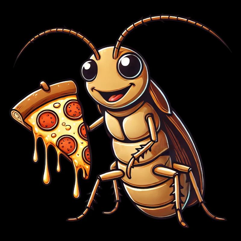 Cute cartoon cockroach with salami pizza