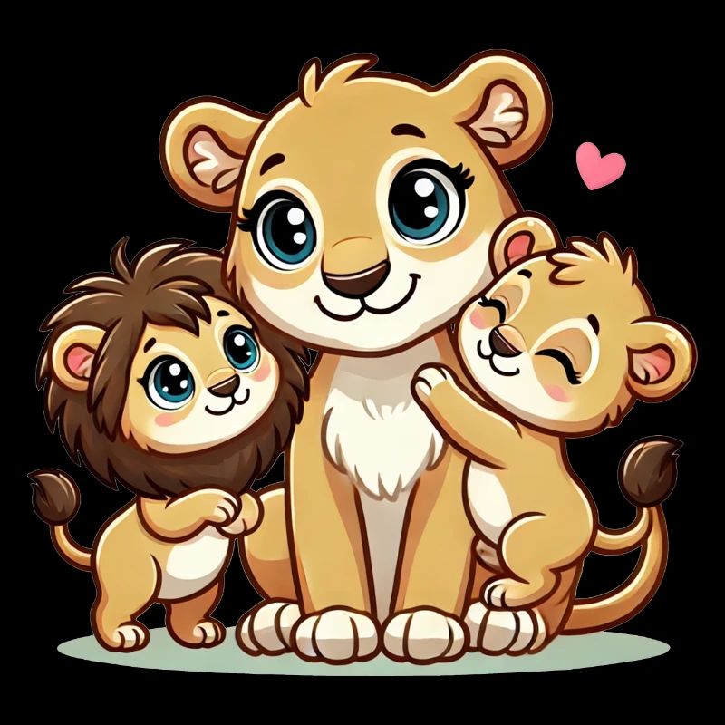 Mère lion aimante avec deux enfants mignons