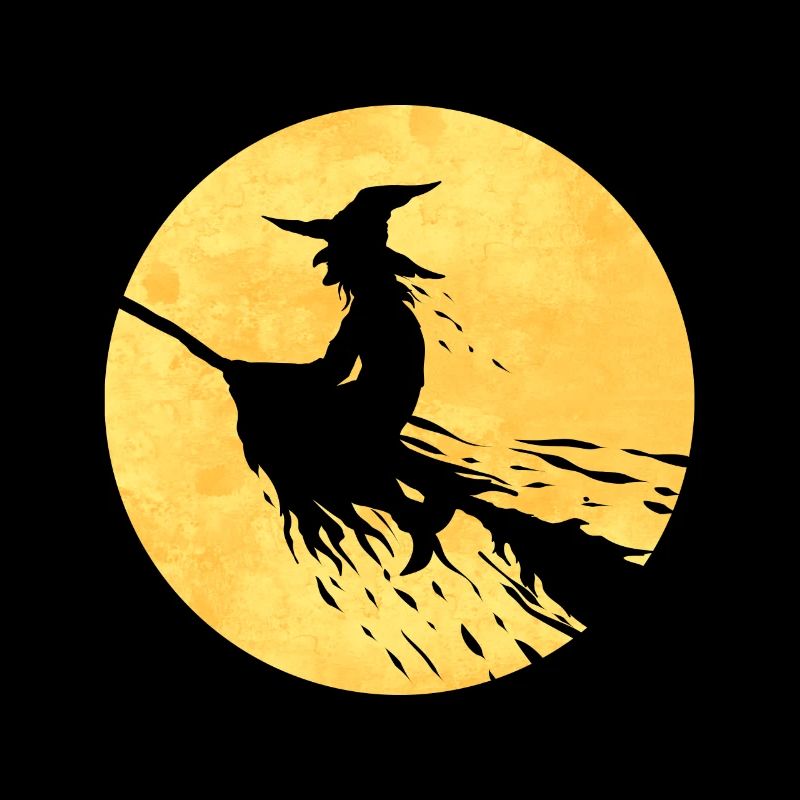 Sorcière sur un balai volant devant la lune le