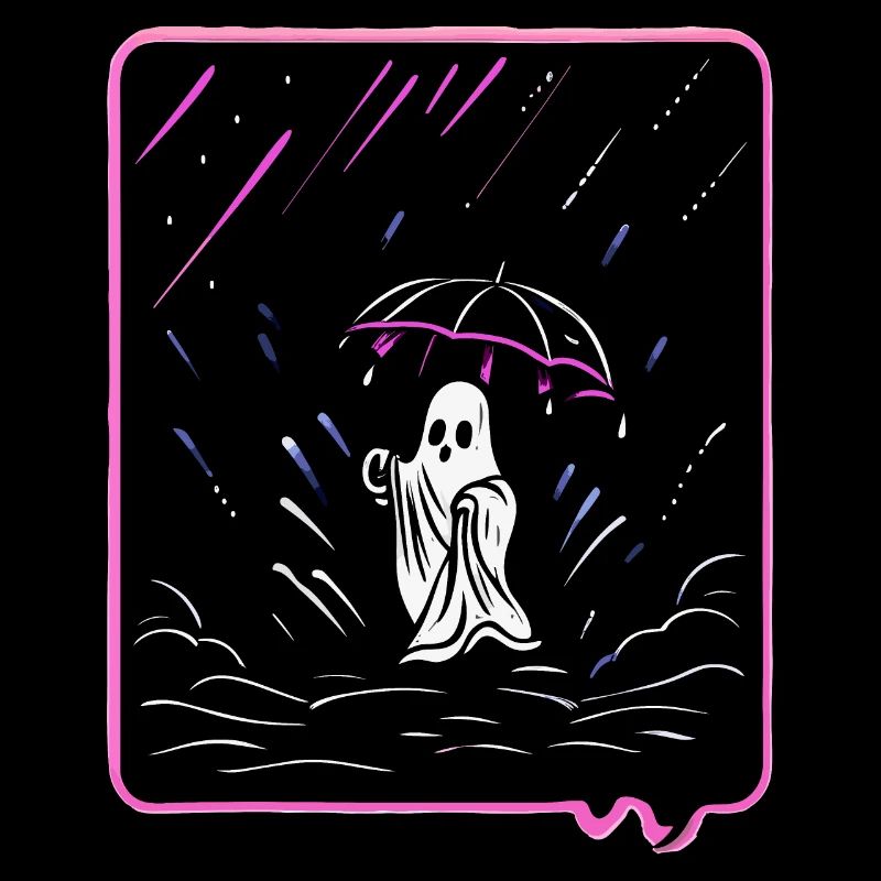 Cute Ghost with Umbrella in the Rain Cartoon Style