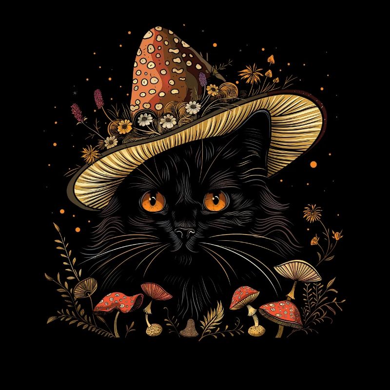 Cottagecore Aesthetic Black Cat Mushroom Hat Wi